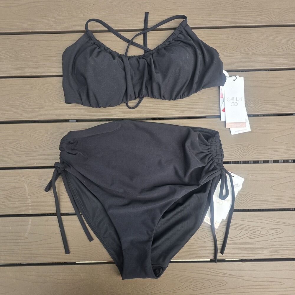 CALIA Women's Solid Black Scrunched Tie Top & Ruched Side Tie Bikini Size M New